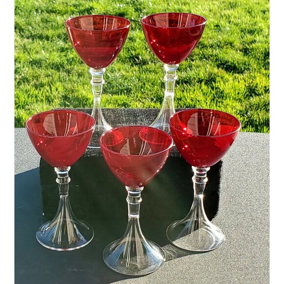 Veranda Ruby Red Cocktail Glasses 5" set /5 cordials Artland fluted stem liquor - Picture 5 of 12